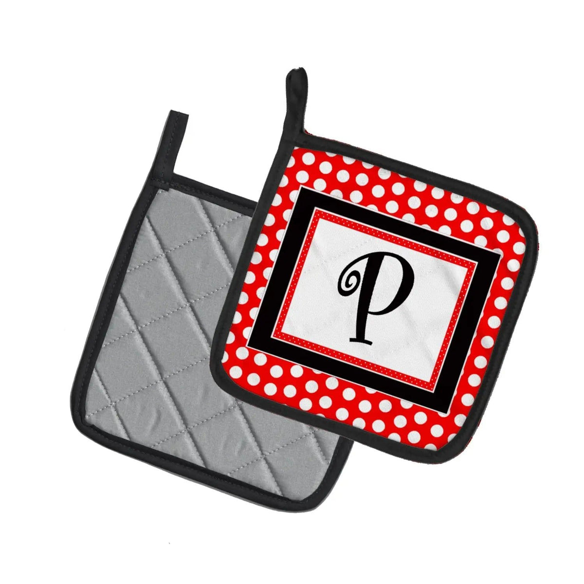 Pot Holder Set of 2 | Heat Resistant Quilted Hot Pads | 7.5 x 7.5 Inch | Letter P Initial - Red Black Polka Dots