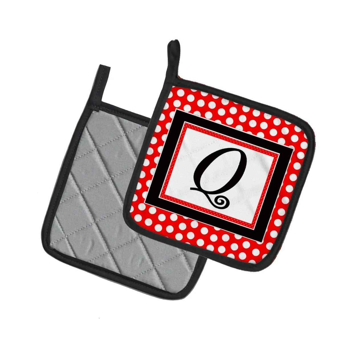 Pot Holder Set of 2 | Heat Resistant Quilted Hot Pads | 7.5 x 7.5 Inch | Letter Q Initial - Red Black Polka Dots