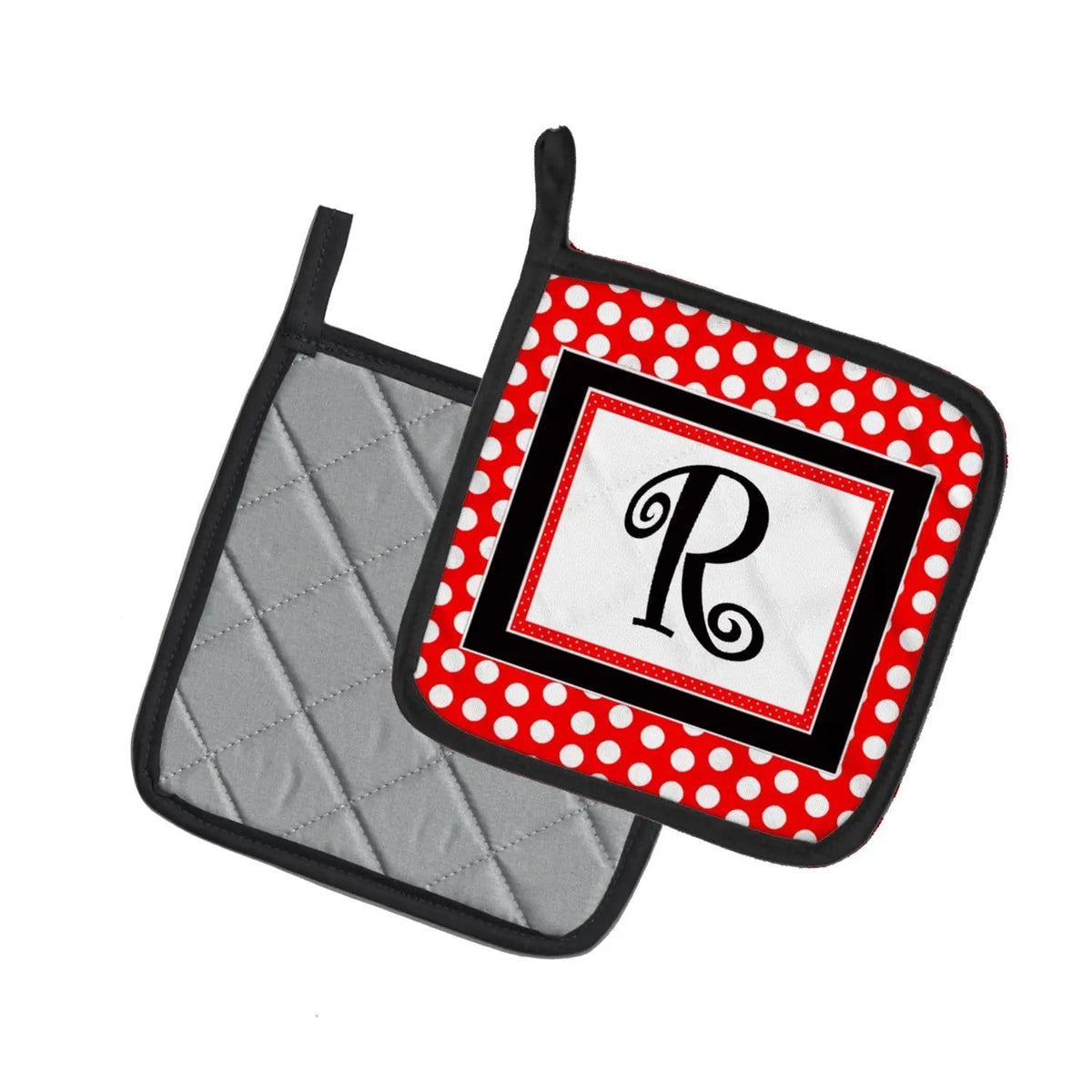 Pot Holder Set of 2 | Heat Resistant Quilted Hot Pads | 7.5 x 7.5 Inch | Letter R Initial - Red Black Polka Dots