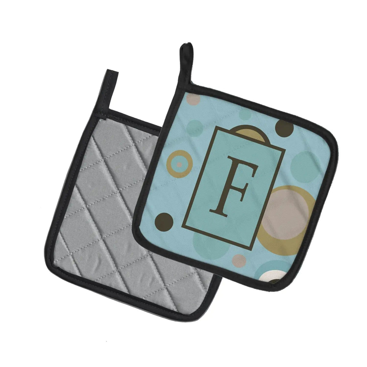 Pot Holder Set of 2 | Heat Resistant Quilted Hot Pads | 7.5 x 7.5 Inch | Letter F Initial Monogram - Blue Dots