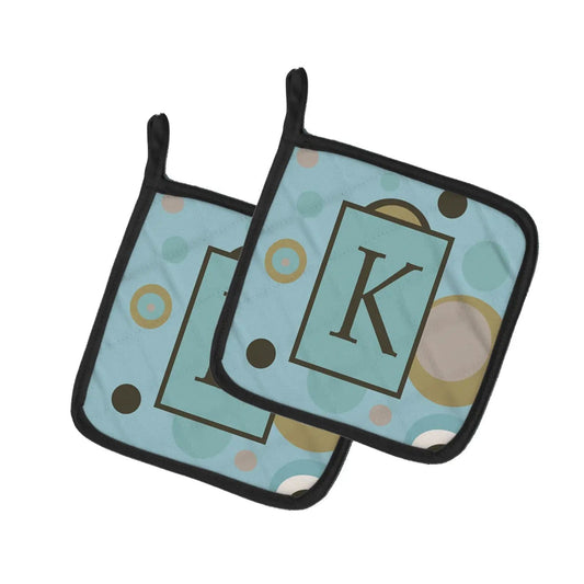 Pot Holder Set of 2 | Heat Resistant Quilted Hot Pads | 7.5 x 7.5 Inch | Letter K Initial Monogram - Blue Dots