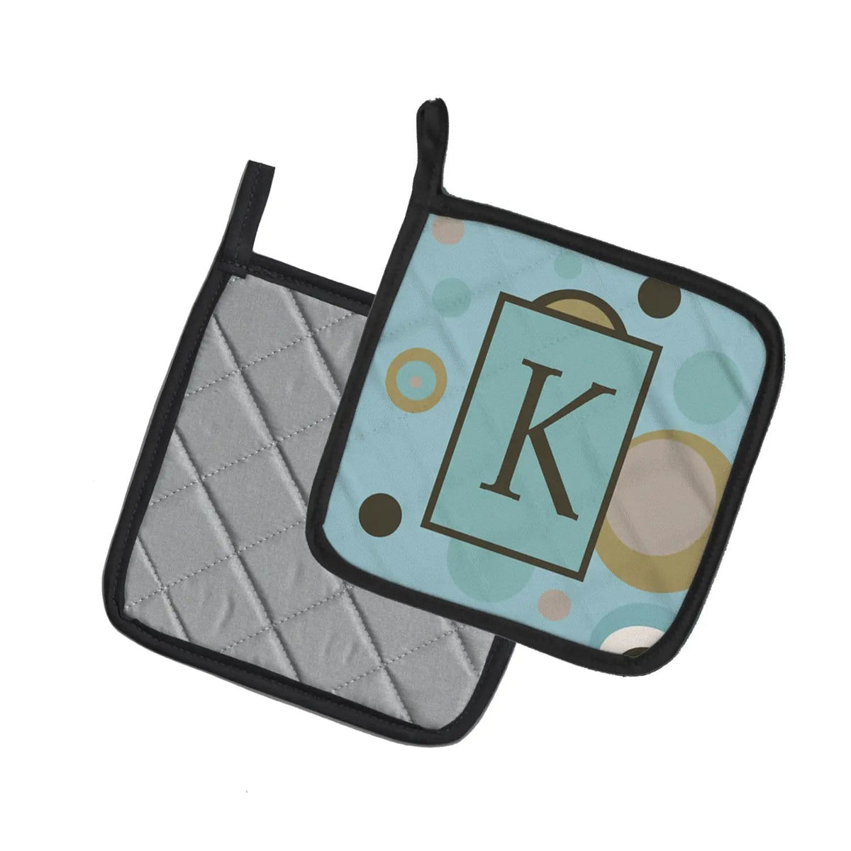Pot Holder Set of 2 | Heat Resistant Quilted Hot Pads | 7.5 x 7.5 Inch | Letter K Initial Monogram - Blue Dots