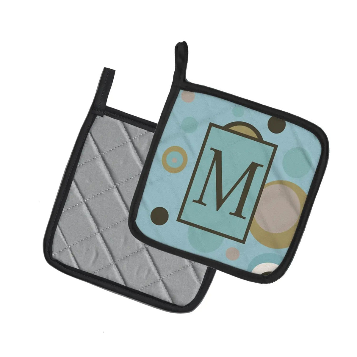Pot Holder Set of 2 | Heat Resistant Quilted Hot Pads | 7.5 x 7.5 Inch | Letter M Initial Monogram - Blue Dots