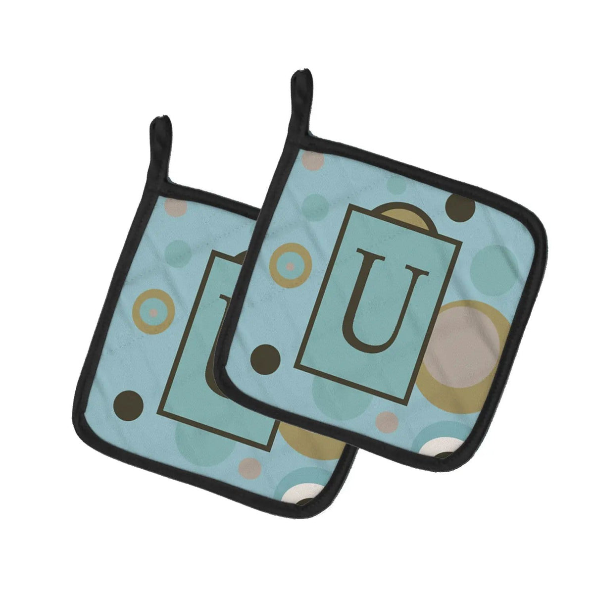Pot Holder Set of 2 | Heat Resistant Quilted Hot Pads | 7.5 x 7.5 Inch | Letter U Initial Monogram - Blue Dots