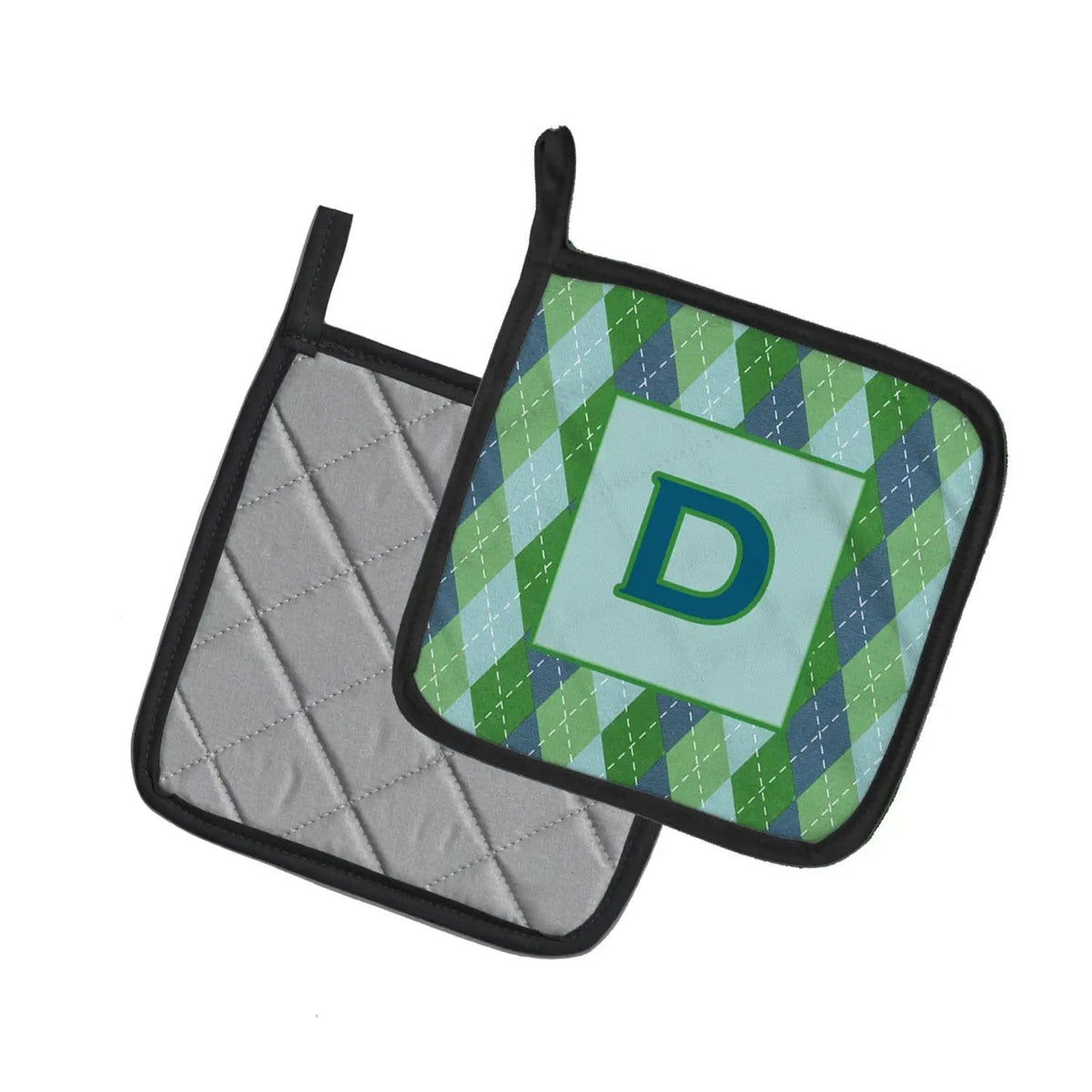 Pot Holder Set of 2 | Heat Resistant Quilted Hot Pads | 7.5 x 7.5 Inch | Letter D Initial Monogram - Blue Argoyle
