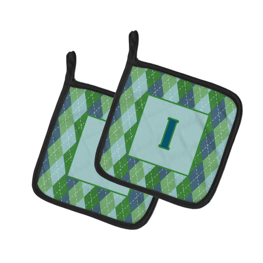 Pot Holder Set of 2 | Heat Resistant Quilted Hot Pads | 7.5 x 7.5 Inch | Letter I Initial Monogram - Blue Argoyle