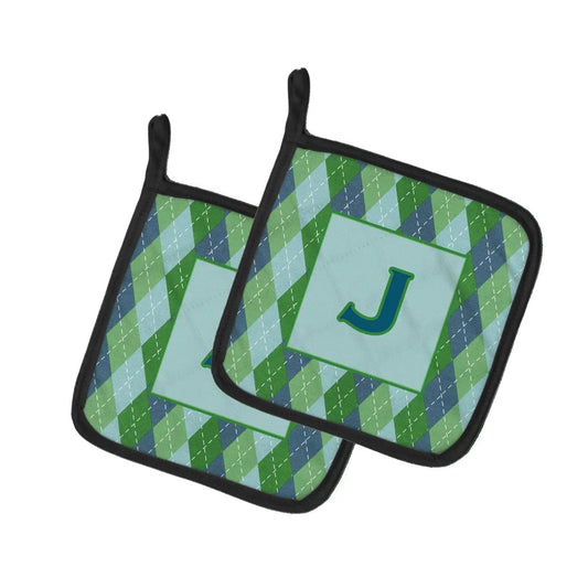 Pot Holder Set of 2 | Heat Resistant Quilted Hot Pads | 7.5 x 7.5 Inch | Letter J Initial Monogram - Blue Argoyle