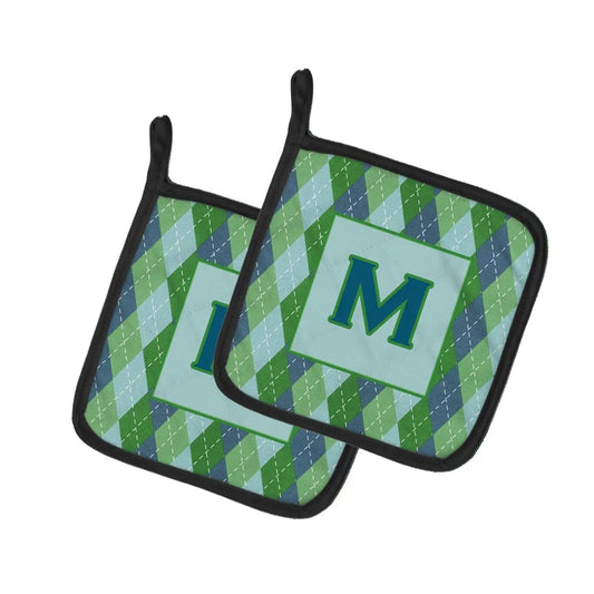 Pot Holder Set of 2 | Heat Resistant Quilted Hot Pads | 7.5 x 7.5 Inch | Letter M Initial Monogram - Blue Argoyle