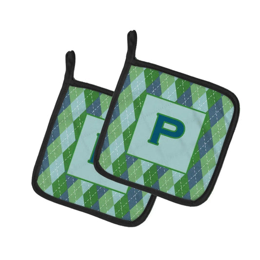 Pot Holder Set of 2 | Heat Resistant Quilted Hot Pads | 7.5 x 7.5 Inch | Letter P Initial Monogram - Blue Argoyle