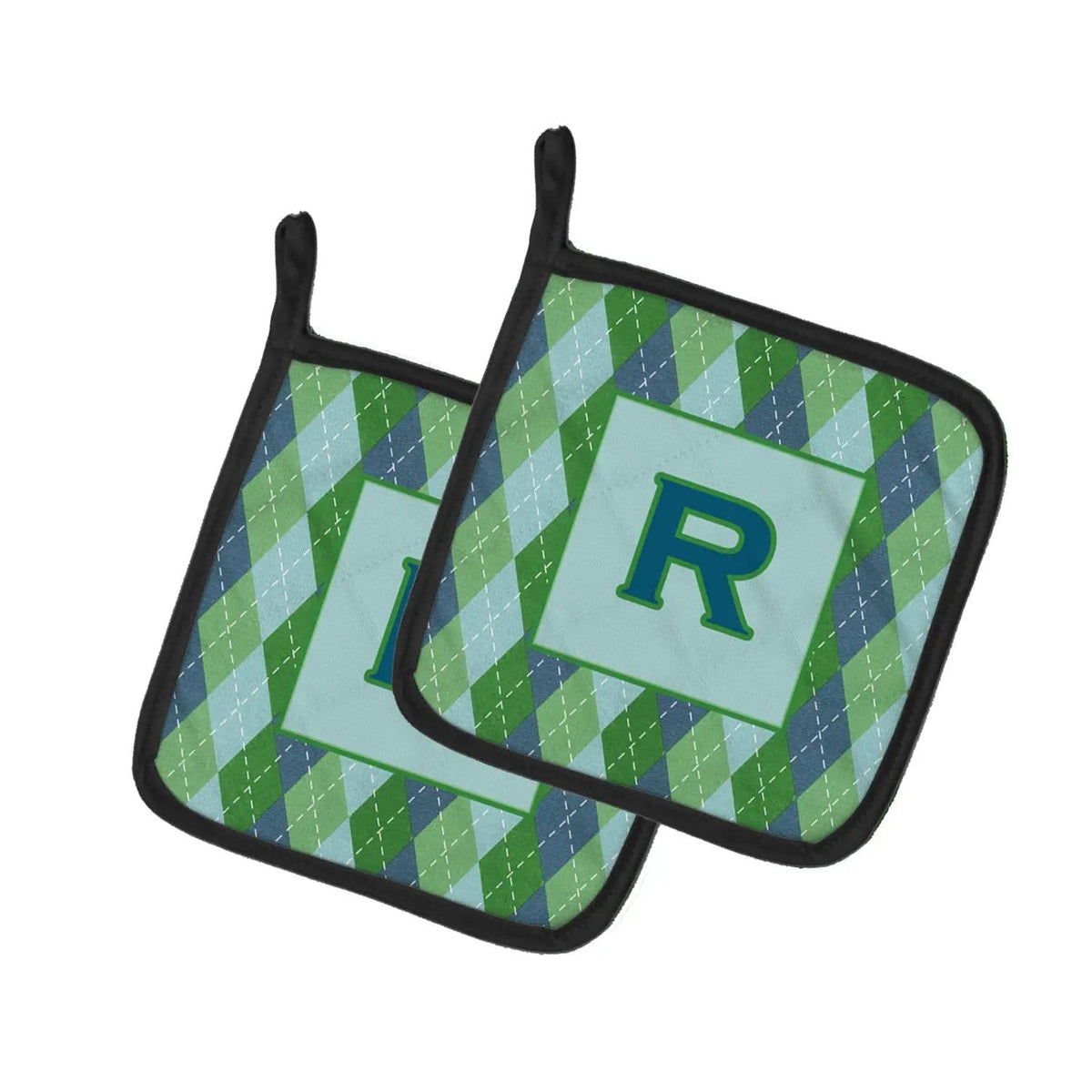 Pot Holder Set of 2 | Heat Resistant Quilted Hot Pads | 7.5 x 7.5 Inch | Letter R Initial Monogram - Blue Argoyle