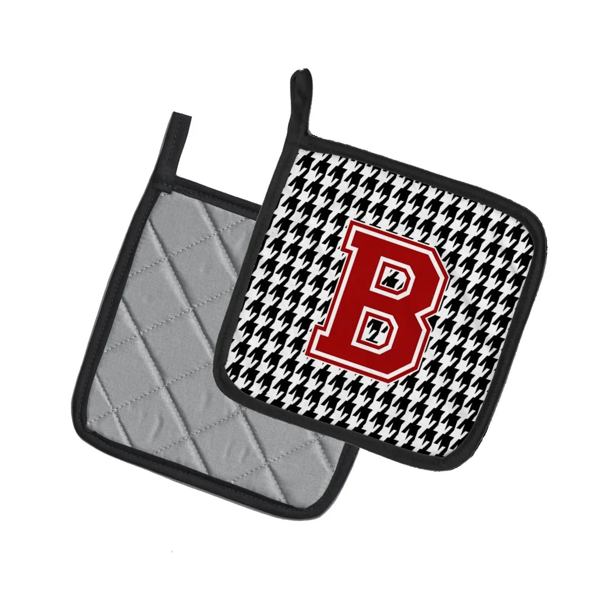 Pot Holder Set of 2 | Heat Resistant Quilted Hot Pads | 7.5 x 7.5 Inch | Letter B Monogram - Houndstooth Black