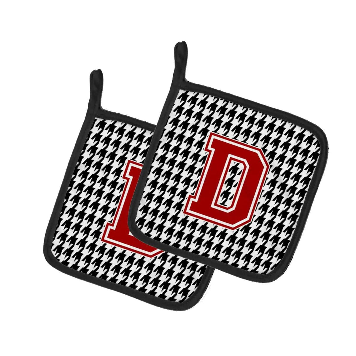 Pot Holder Set of 2 | Heat Resistant Quilted Hot Pads | 7.5 x 7.5 Inch | Letter D Monogram - Houndstooth Black