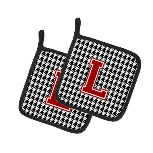 Pot Holder Set of 2 | Heat Resistant Quilted Hot Pads | 7.5 x 7.5 Inch | Letter L Monogram - Houndstooth Black