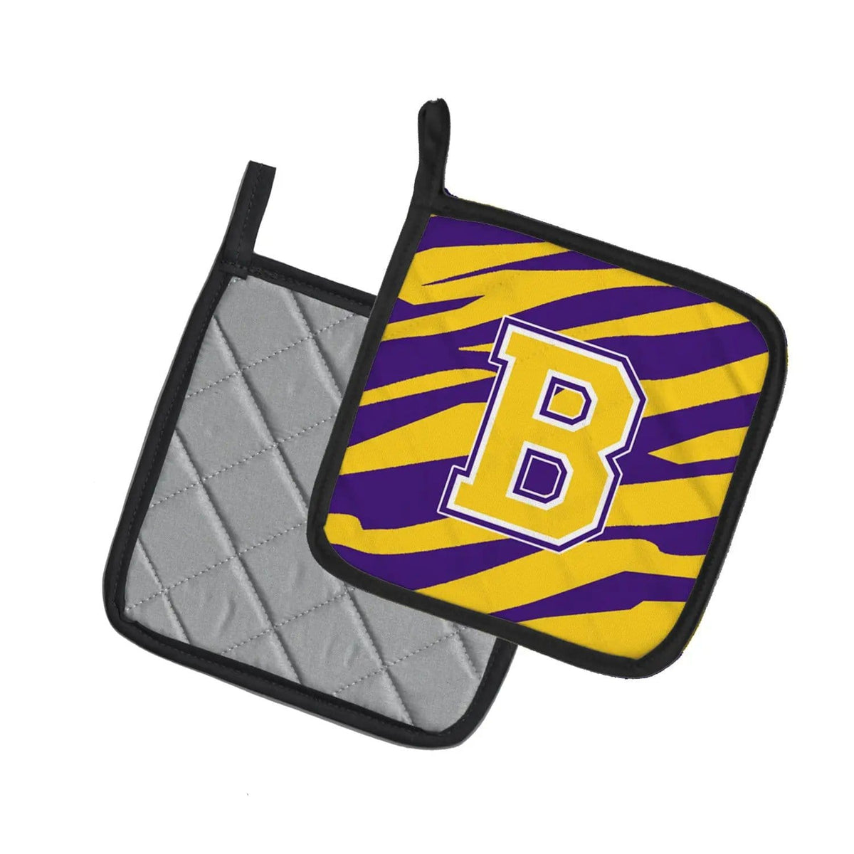 Pot Holder Set of 2 | Heat Resistant Quilted Hot Pads | 7.5 x 7.5 Inch | Letter B Monogram - Tiger Stripe - Purple Gold