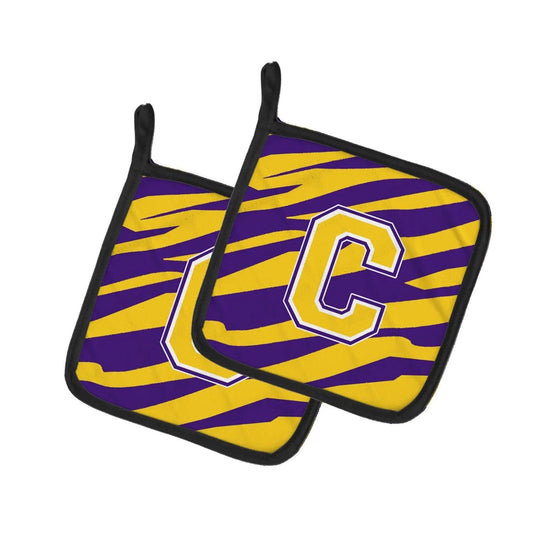 Pot Holder Set of 2 | Heat Resistant Quilted Hot Pads | 7.5 x 7.5 Inch | Letter C Monogram - Tiger Stripe - Purple Gold