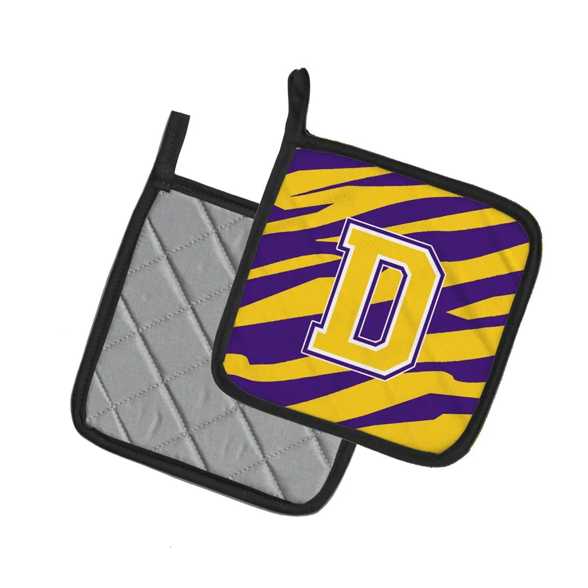 Pot Holder Set of 2 | Heat Resistant Quilted Hot Pads | 7.5 x 7.5 Inch | Letter D Monogram - Tiger Stripe - Purple Gold