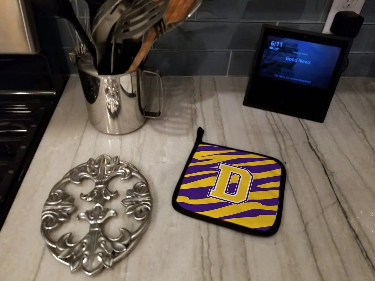 Pot Holder Set of 2 | Heat Resistant Quilted Hot Pads | 7.5 x 7.5 Inch | Letter D Monogram - Tiger Stripe - Purple Gold