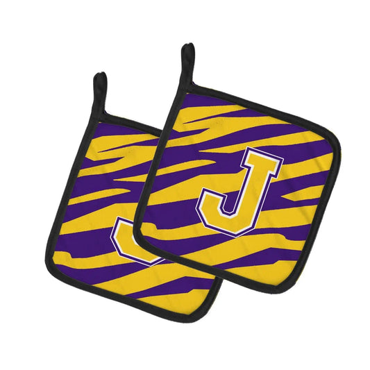 Pot Holder Set of 2 | Heat Resistant Quilted Hot Pads | 7.5 x 7.5 Inch | Letter J Monogram - Tiger Stripe - Purple Gold
