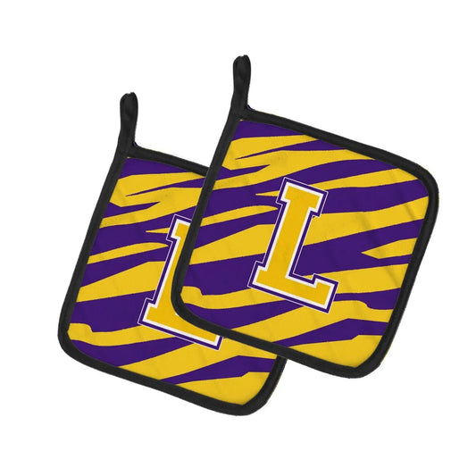 Pot Holder Set of 2 | Heat Resistant Quilted Hot Pads | 7.5 x 7.5 Inch | Letter L Monogram - Tiger Stripe - Purple Gold