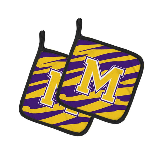 Pot Holder Set of 2 | Heat Resistant Quilted Hot Pads | 7.5 x 7.5 Inch | Letter M Monogram - Tiger Stripe - Purple Gold