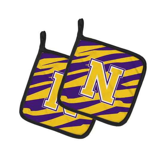 Pot Holder Set of 2 | Heat Resistant Quilted Hot Pads | 7.5 x 7.5 Inch | Letter N Monogram - Tiger Stripe - Purple Gold