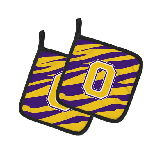Pot Holder Set of 2 | Heat Resistant Quilted Hot Pads | 7.5 x 7.5 Inch | Letter O Monogram - Tiger Stripe - Purple Gold