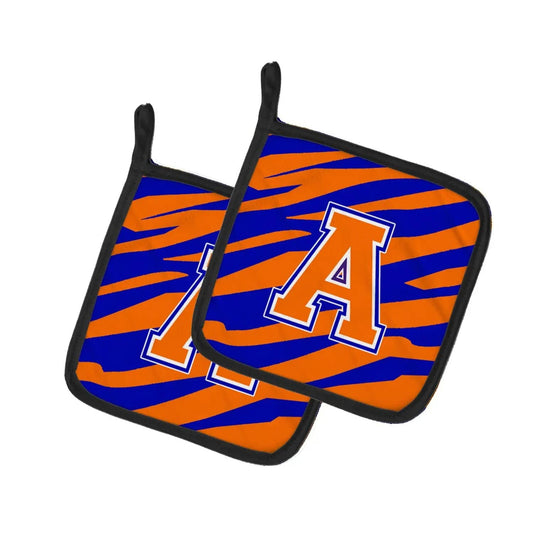 Pot Holder Set of 2 | Heat Resistant Quilted Hot Pads | 7.5 x 7.5 Inch | Letter A Monogram - Orange Blue Tiger Stripe
