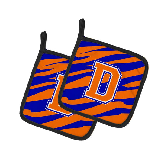 Pot Holder Set of 2 | Heat Resistant Quilted Hot Pads | 7.5 x 7.5 Inch | Letter D Initial Tiger Stripe - Blue Orange