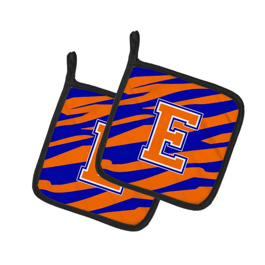 Pot Holder Set of 2 | Heat Resistant Quilted Hot Pads | 7.5 x 7.5 Inch | Letter E Initial Tiger Stripe - Blue Orange