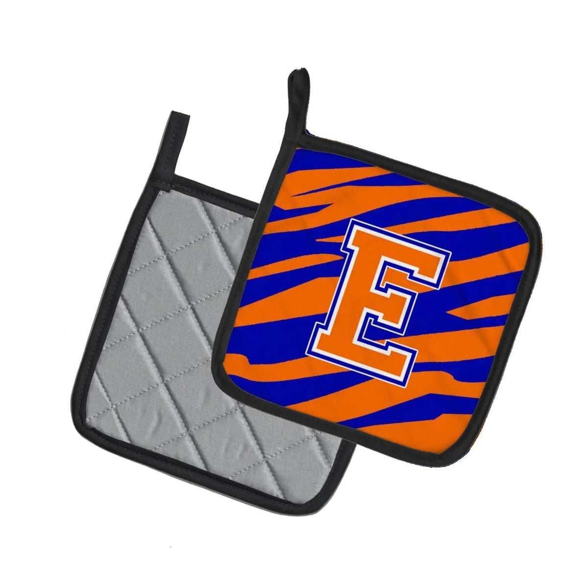 Pot Holder Set of 2 | Heat Resistant Quilted Hot Pads | 7.5 x 7.5 Inch | Letter E Initial Tiger Stripe - Blue Orange