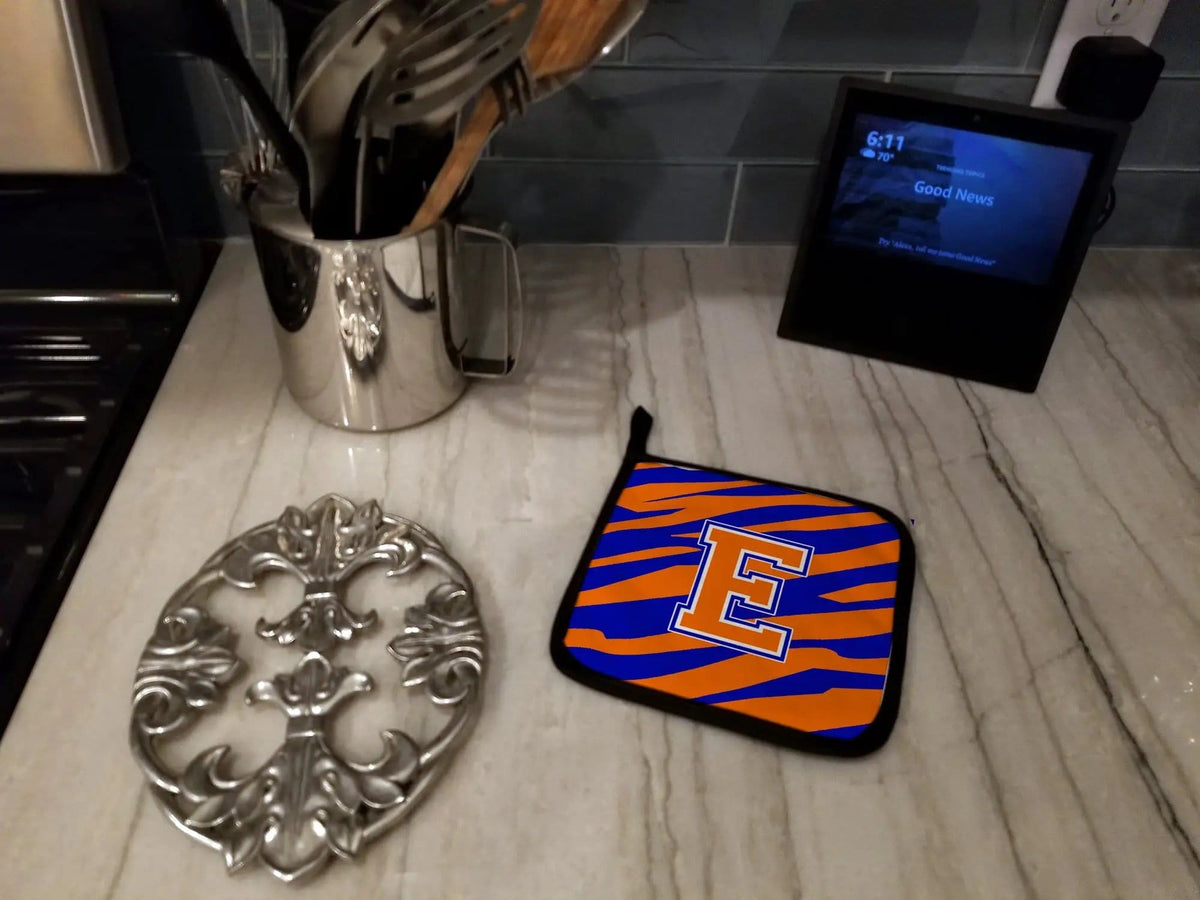 Pot Holder Set of 2 | Heat Resistant Quilted Hot Pads | 7.5 x 7.5 Inch | Letter E Initial Tiger Stripe - Blue Orange