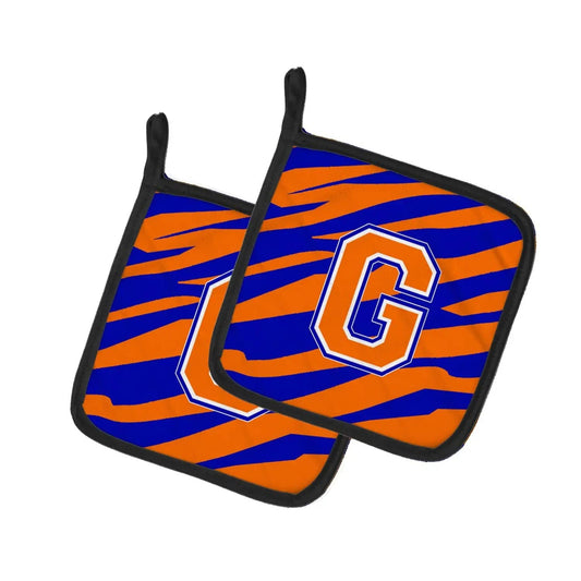 Pot Holder Set of 2 | Heat Resistant Quilted Hot Pads | 7.5 x 7.5 Inch | Letter G Initial Tiger Stripe - Blue Orange