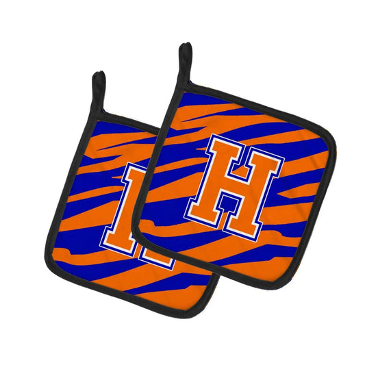 Pot Holder Set of 2 | Heat Resistant Quilted Hot Pads | 7.5 x 7.5 Inch | Letter H Initial Tiger Stripe - Blue Orange