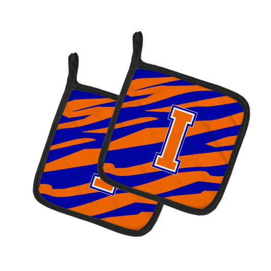 Pot Holder Set of 2 | Heat Resistant Quilted Hot Pads | 7.5 x 7.5 Inch | Letter I Initial Tiger Stripe - Blue Orange