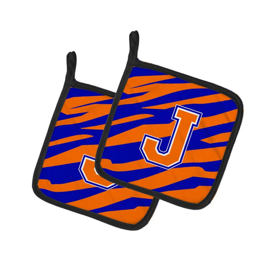 Pot Holder Set of 2 | Heat Resistant Quilted Hot Pads | 7.5 x 7.5 Inch | Letter J Initial Tiger Stripe - Blue Orange