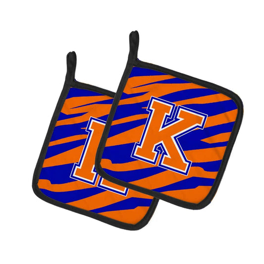 Pot Holder Set of 2 | Heat Resistant Quilted Hot Pads | 7.5 x 7.5 Inch | Letter K Initial Tiger Stripe - Blue Orange