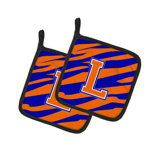 Pot Holder Set of 2 | Heat Resistant Quilted Hot Pads | 7.5 x 7.5 Inch | Letter L Initial Tiger Stripe - Blue Orange