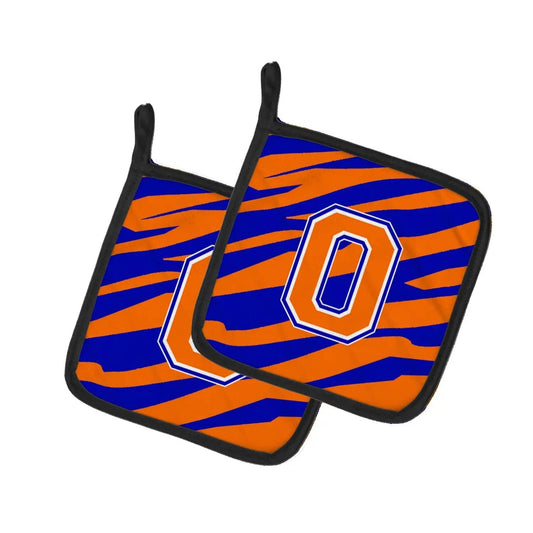 Pot Holder Set of 2 | Heat Resistant Quilted Hot Pads | 7.5 x 7.5 Inch | Letter O Initial Tiger Stripe - Blue Orange