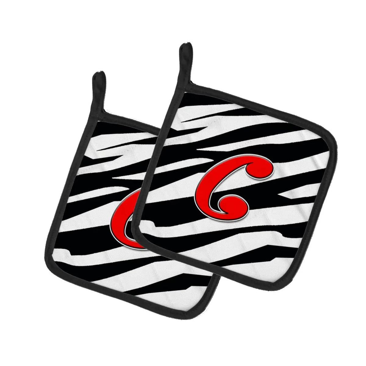 Pot Holder Set of 2 | Heat Resistant Quilted Hot Pads | 7.5 x 7.5 Inch | Letter C Initial Monogram - Zebra Red