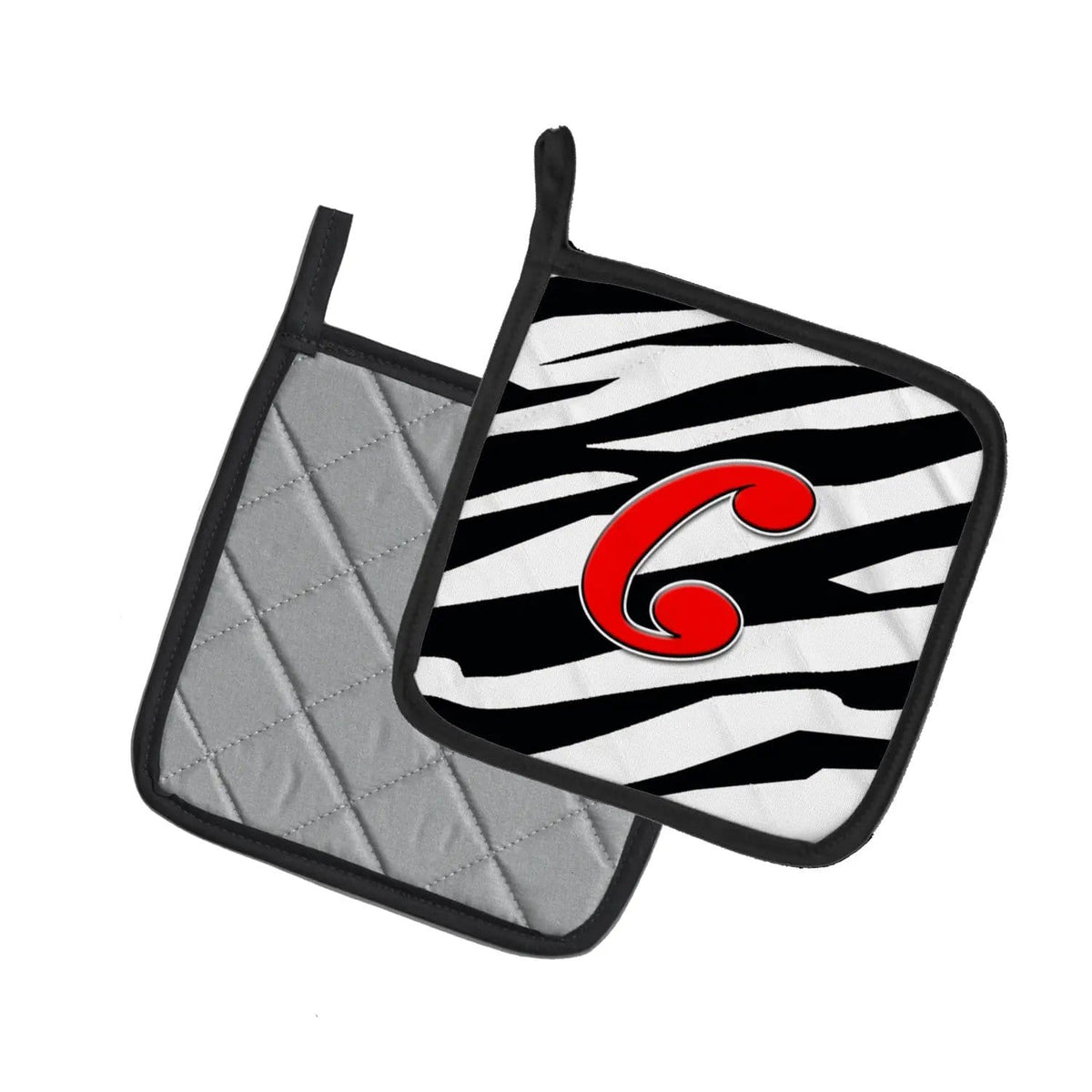 Pot Holder Set of 2 | Heat Resistant Quilted Hot Pads | 7.5 x 7.5 Inch | Letter C Initial Monogram - Zebra Red