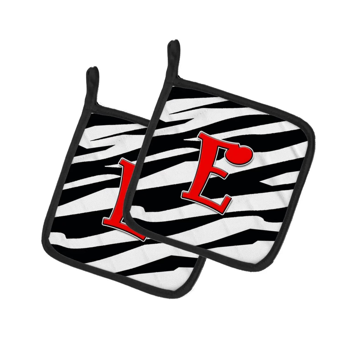 Pot Holder Set of 2 | Heat Resistant Quilted Hot Pads | 7.5 x 7.5 Inch | Letter E Initial Monogram - Zebra Red