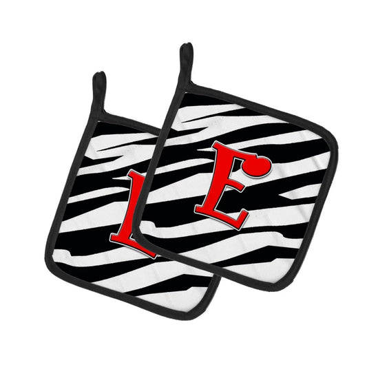 Pot Holder Set of 2 | Heat Resistant Quilted Hot Pads | 7.5 x 7.5 Inch | Letter E Initial Monogram - Zebra Red