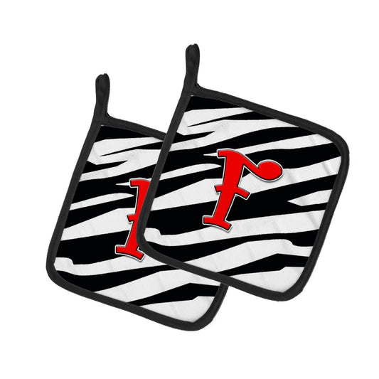 Pot Holder Set of 2 | Heat Resistant Quilted Hot Pads | 7.5 x 7.5 Inch | Letter F Initial Monogram - Zebra Red