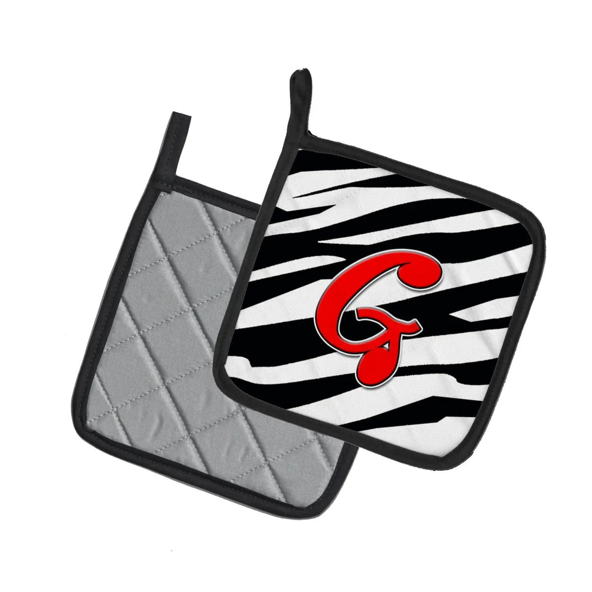 Pot Holder Set of 2 | Heat Resistant Quilted Hot Pads | 7.5 x 7.5 Inch | Letter G Initial Monogram - Zebra Red