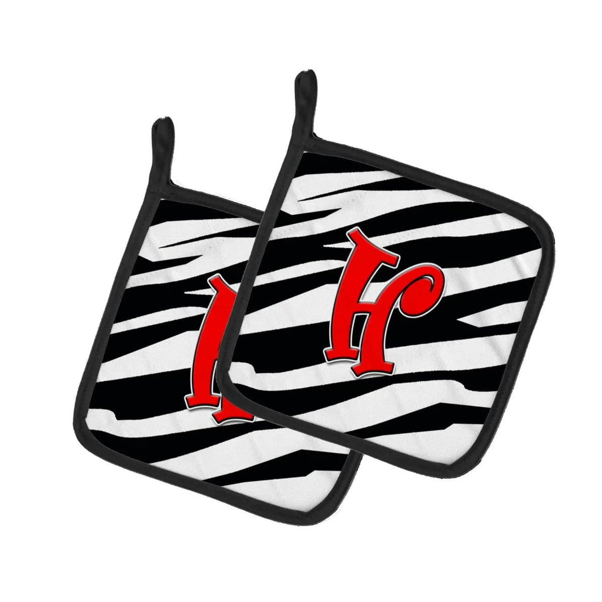 Pot Holder Set of 2 | Heat Resistant Quilted Hot Pads | 7.5 x 7.5 Inch | Letter H Initial Monogram - Zebra Red