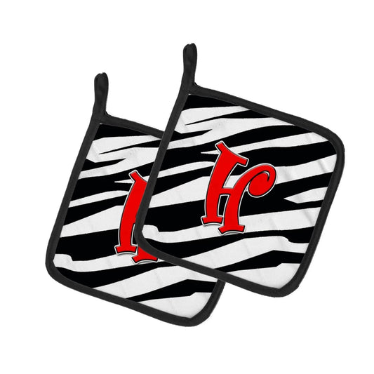 Pot Holder Set of 2 | Heat Resistant Quilted Hot Pads | 7.5 x 7.5 Inch | Letter H Initial Monogram - Zebra Red