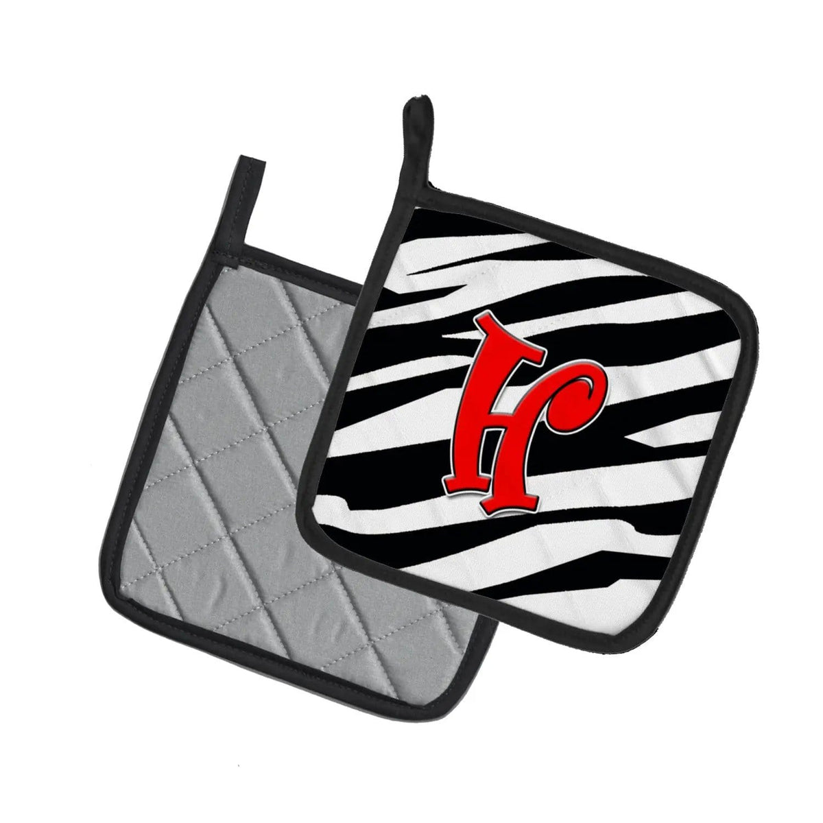 Pot Holder Set of 2 | Heat Resistant Quilted Hot Pads | 7.5 x 7.5 Inch | Letter H Initial Monogram - Zebra Red