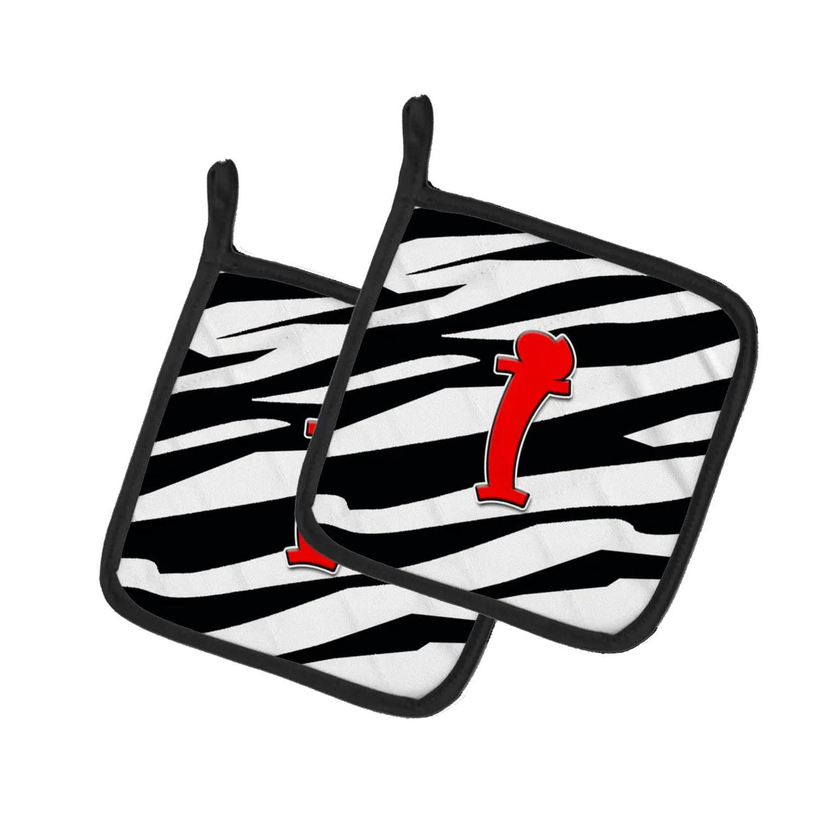 Pot Holder Set of 2 | Heat Resistant Quilted Hot Pads | 7.5 x 7.5 Inch | Letter I Initial Monogram - Zebra Red