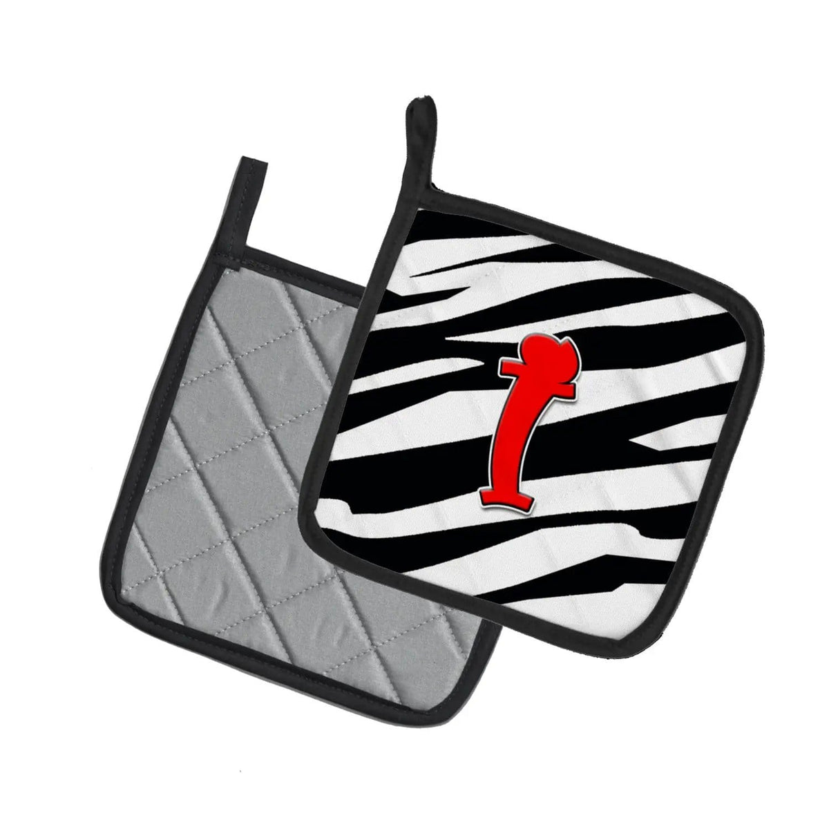 Pot Holder Set of 2 | Heat Resistant Quilted Hot Pads | 7.5 x 7.5 Inch | Letter I Initial Monogram - Zebra Red