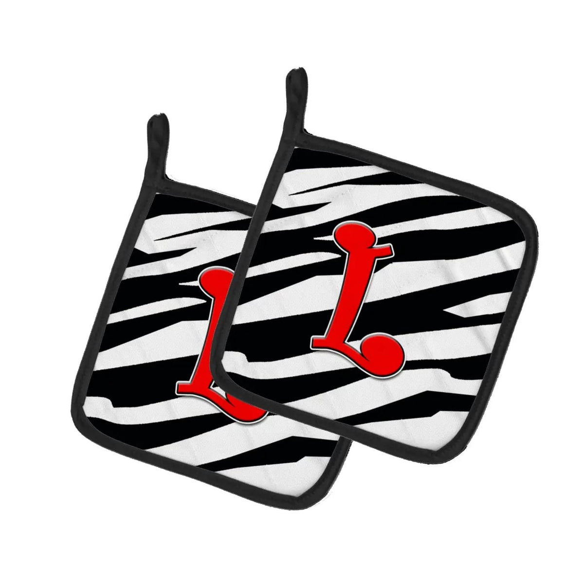 Pot Holder Set of 2 | Heat Resistant Quilted Hot Pads | 7.5 x 7.5 Inch | Letter L Initial Monogram - Zebra Red